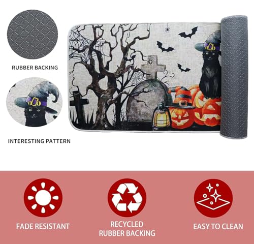 Halloween Kitchen Rugs Set of 2 with White Cat & Pumpkin Decor, Non-Slip Washable Floor Mats