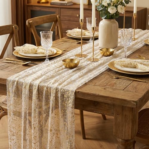 Beige Gold Metallic Gauze Table Runner 28x120 Inches - B-COOL