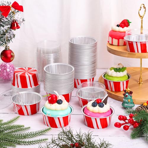 FYSUIMU 60 Pcs Christmas Aluminum Cupcake Liners with Lids 5oz - Red & White