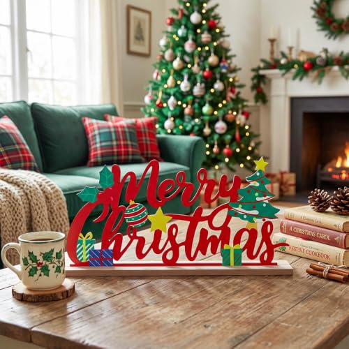Merry Christmas Indoor Metal Sign with Wooden Base - Farmhouse Rustic Holiday Decor