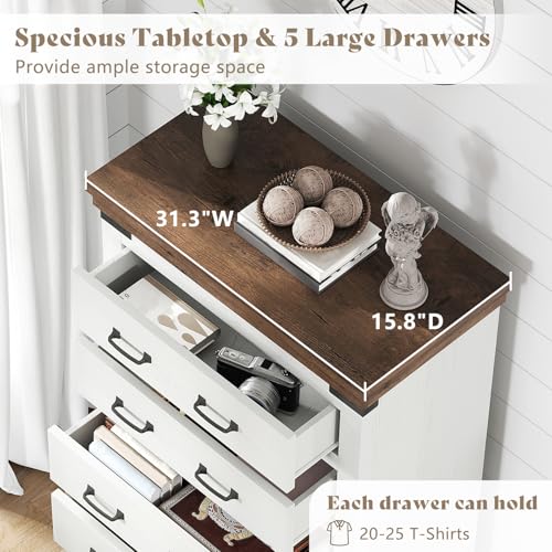 2-Piece Rustic Farmhouse Queen Bed Frame and 5-Drawer Dresser Set