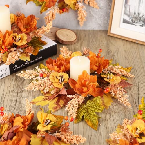 4-Piece Mini Fall Floral Candle Rings with Berries for Autumn Table Decor