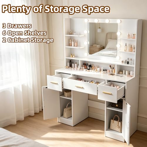 42-Inch Makeup Vanity Desk with LED Lighted Mirror, Power Outlet & Storage