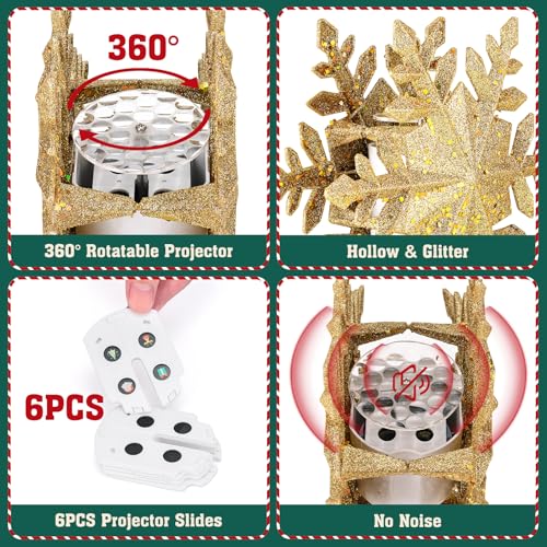 PliMook Lighted Snowflake Christmas Tree Topper with 6 Projection Slides, Rotating LED 3D Decor