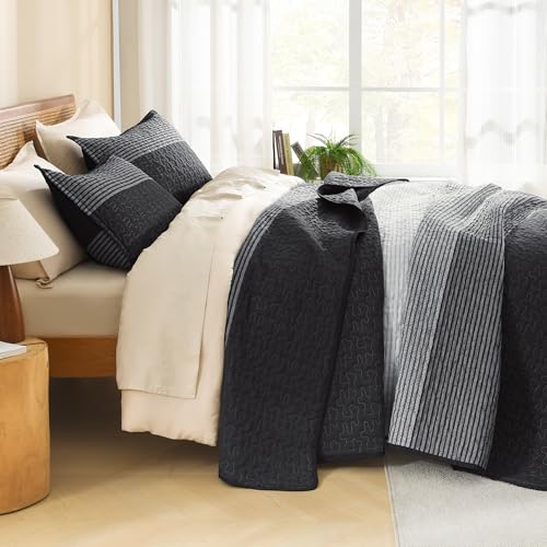 Litanika Queen Quilt Set, 3 Piece Black and White Stripe Coverlet Bedspread