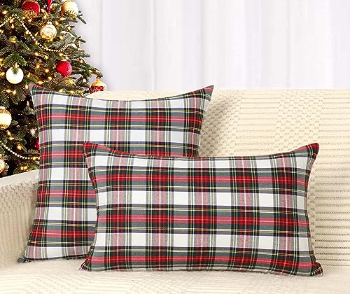 4TH Emotion Set of 2 Christmas Scottish Tartan Plaid Throw Pillow Covers 20x20 Red White