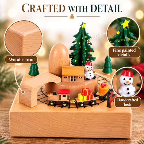 Wooden Christmas Music Box with Rotating Tree and Train - Wind-Up Holiday Decor