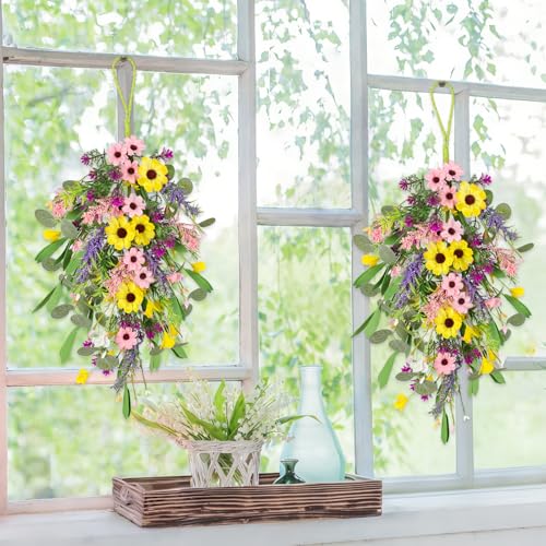 23.6-Inch Artificial Spring Teardrop Swags with Sunflowers, 2-Pack