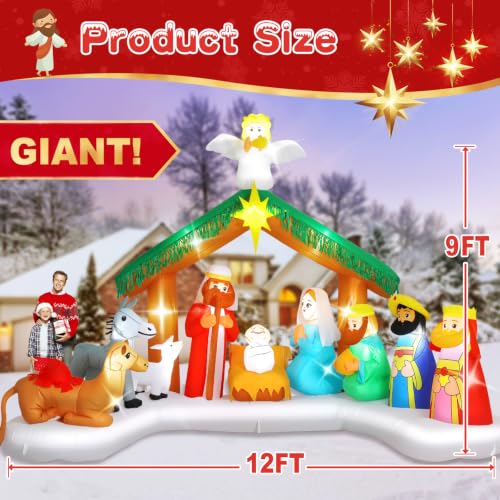 Elegear 12FT Nativity Scene Inflatable - Outdoor Christmas Decorations with LED Lights