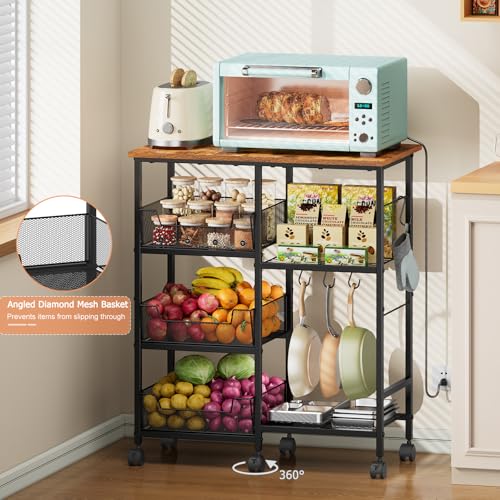 Rolling Kitchen Microwave Cart with Tilt-Out Baskets & Adjustable Shelves