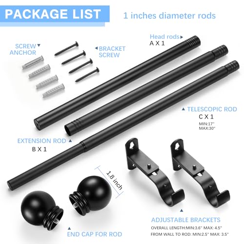 Adjustable Black Curtain Rod 1-Inch Diameter with Round Finials (16"-60")