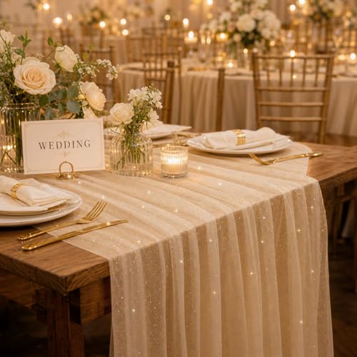 Windkream Champagne Gold 6-Piece Gauze Table Runner 10ft Glitter Sheer Decor