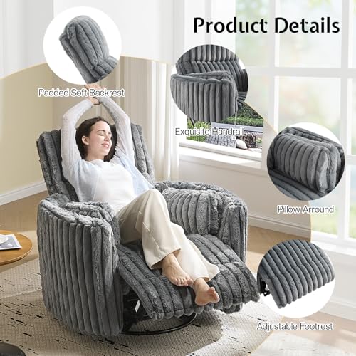 Oversized Swivel Rocking Nursery Recliner Chair with USB and Corduroy