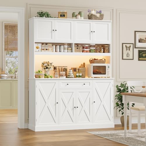 Large Kitchen Pantry Cabinet with LED Lights, Charging Station & Hutch