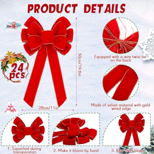 Lenwen 24 Pack Large Red Velvet Christmas Bows Tree Toppers Holiday Decorations