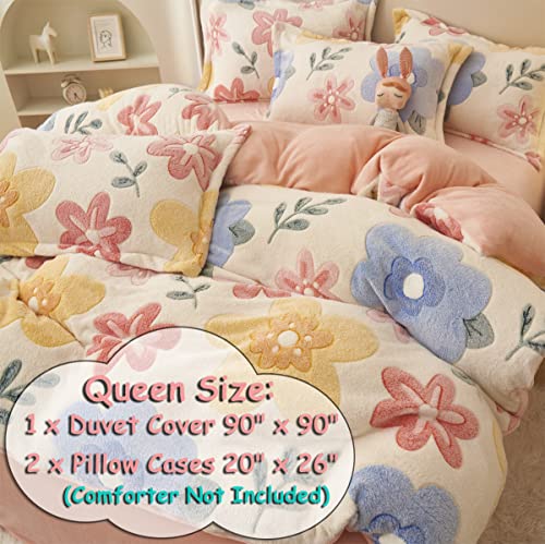 Queen Size Pink Floral Duvet Cover Set, Ultra Soft Faux Fur Bedding
