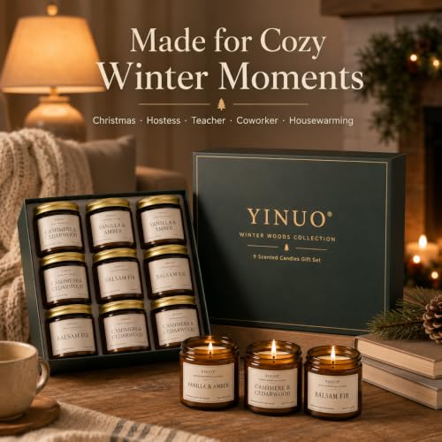 YINUO Winter Woods Scented Candle Gift Set - Forest Green 9 Pack, 3.5oz Amber Jars