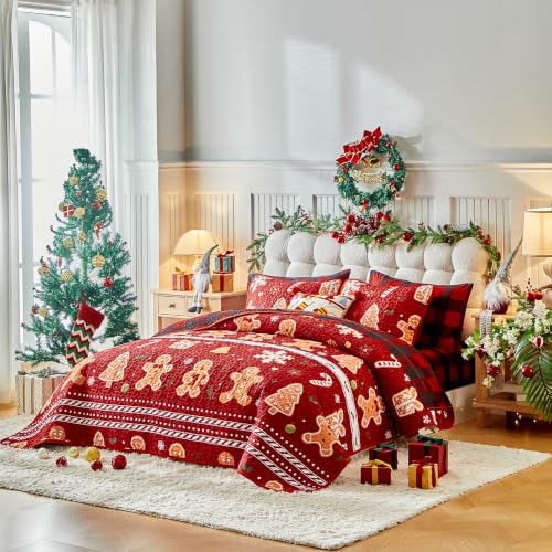 UOZZI BEDDING Christmas Quilt Set Red Stripes with Gingerbread Men, Gingham Reversible King