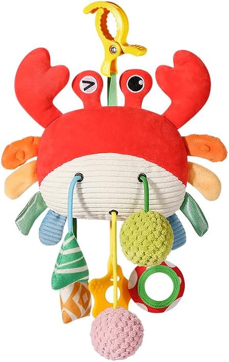 Skiennix Car Seat Toys for Babies 0-12 Months - Plush Activity Toy with Rattle, Mirror & Clip-On Design