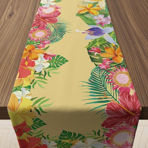 Tropical Hibiscus Palm Leaf Table Runner - 73-Inch Luau Party Decor