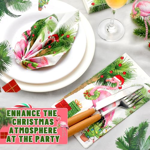 Epakh 200Pcs Christmas Flamingo Napkins Pink Flamingos with Christmas Hat, 4.3x7.9in folded