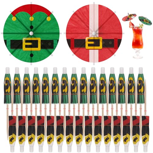 Vesici 200 Pcs Christmas Cocktail Umbrellas Santa Elf Belt - 2 Patterns, 100 Each