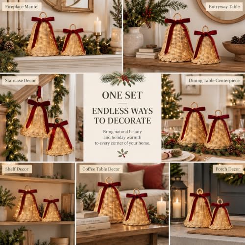 Yookeer 2 Pack Large Wicker Rattan Christmas Bell Decor with Lights - Rustic Holiday Ornaments