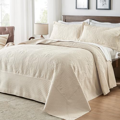 Oversized Alaska King Quilt Set - 3 Piece Microfiber Bedspread, Beige