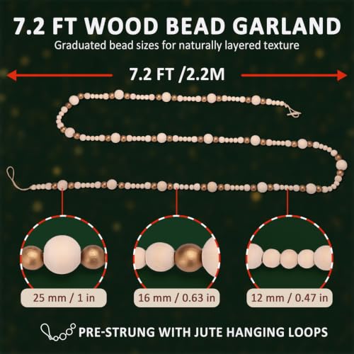 7.2 Ft Gold Wooden Bead Garland for Christmas Decor - Natural Finish