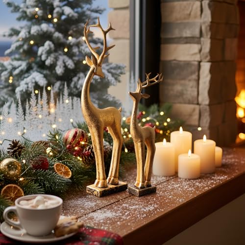 Christmas Gold Reindeer Figurines - Set of 2 Elegant Resin Holiday Centerpieces