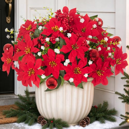8 Pack 15.7in Red & White Poinsettia Artificial Christmas Flowers for Outdoors