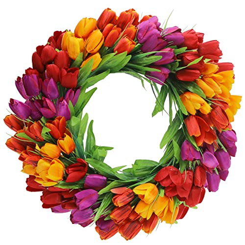 20-Inch Artificial Tulip Wreath for Front Door, Silk Spring Flower Decor