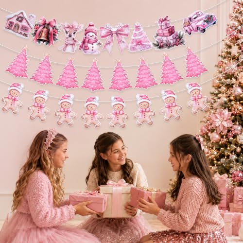 Pink Christmas Banner Set - 16.4 ft Long Gingerbread & Tree Decor