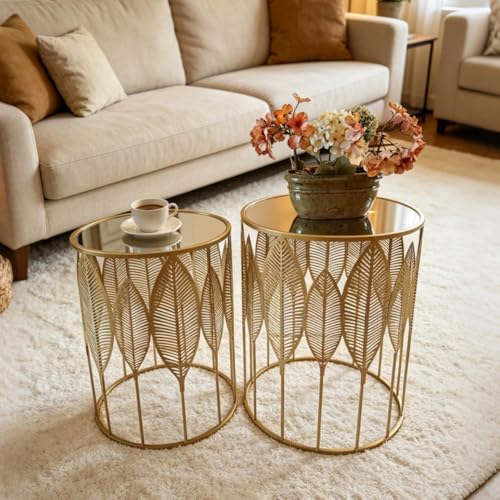 Gold Metal Nesting Tables Set of 2, Round Side Tables with Leaf Design