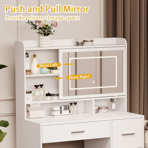 Vanity Desk with Sliding Lighted LED Mirror, Chair, and Power Outlets
