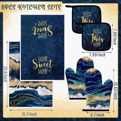 6-Piece Blue Marble Kitchen Set: Oven Mitts, Pot Holders, and Dish Towels
