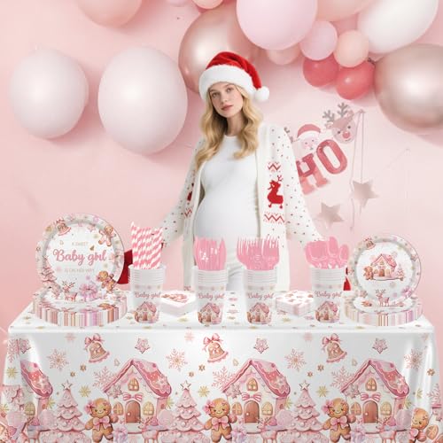 Pink Gingerbread Baby Shower Disposable Tableware Set for 24 Guests