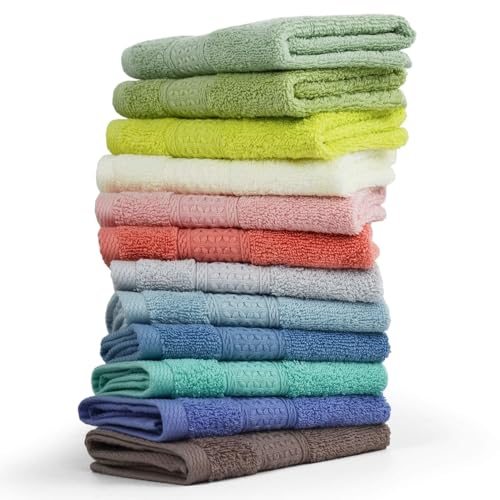 Cleanbear 100% Cotton Washcloths 12-Pack - Assorted Colors, 13x13 Inches, Soft & Durable