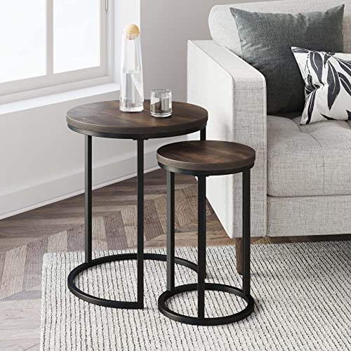 Round Nesting Side Table Set of 2, Modern Metal and Wood Accent End Tables