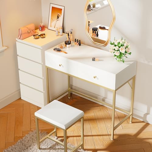 Modern 35.4-Inch Writing Desk with 2 Drawers and Padded Stool