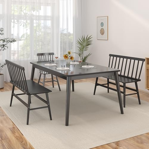 Farmhouse Spindle Back Dining Bench - Durable Black Rubber Wood Seating