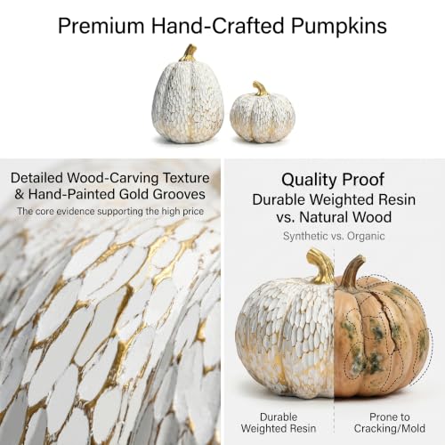 White and Gold Resin Pumpkin Decor Set of 2 for Fall Thanksgiving Table