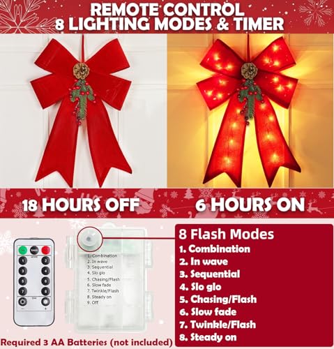 TURNMEON 3-Pack Large Prelit Christmas Bows with LED Lights, Red Velvet, Outdoor Decor