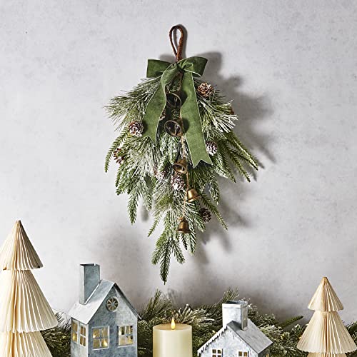 18-Inch Winter Front Door Swag with Bells, Pinecones, and Velvet Ribbon