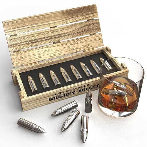 8Pcs Bullet Whiskey Stones - Reusable Stainless Steel Ice Cubes for Premium Drinks, Gift Set with Wooden Box