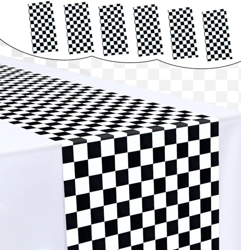 MUNILAIL 6 Pcs Black & White Checkered Plastic Table Runner – Disposable, 14 x 108 in