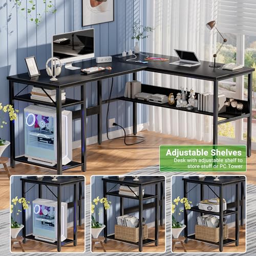 Reversible L-Shaped Computer Desk with Power Outlets and USB Charging Ports