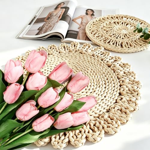 IcosaMro Boho Woven Placemats Set of 6 - 13.8 Inch Natural Table Mats, Style B