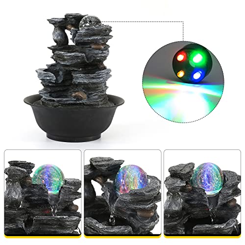 Tabletop Water Fountain with LED Light & Rolling Ball - Quiet Indoor Waterfall