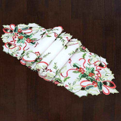 Grelucgo Embroidered Holly Leaves Table Runner 14x70in - Satin Holiday Home Decor